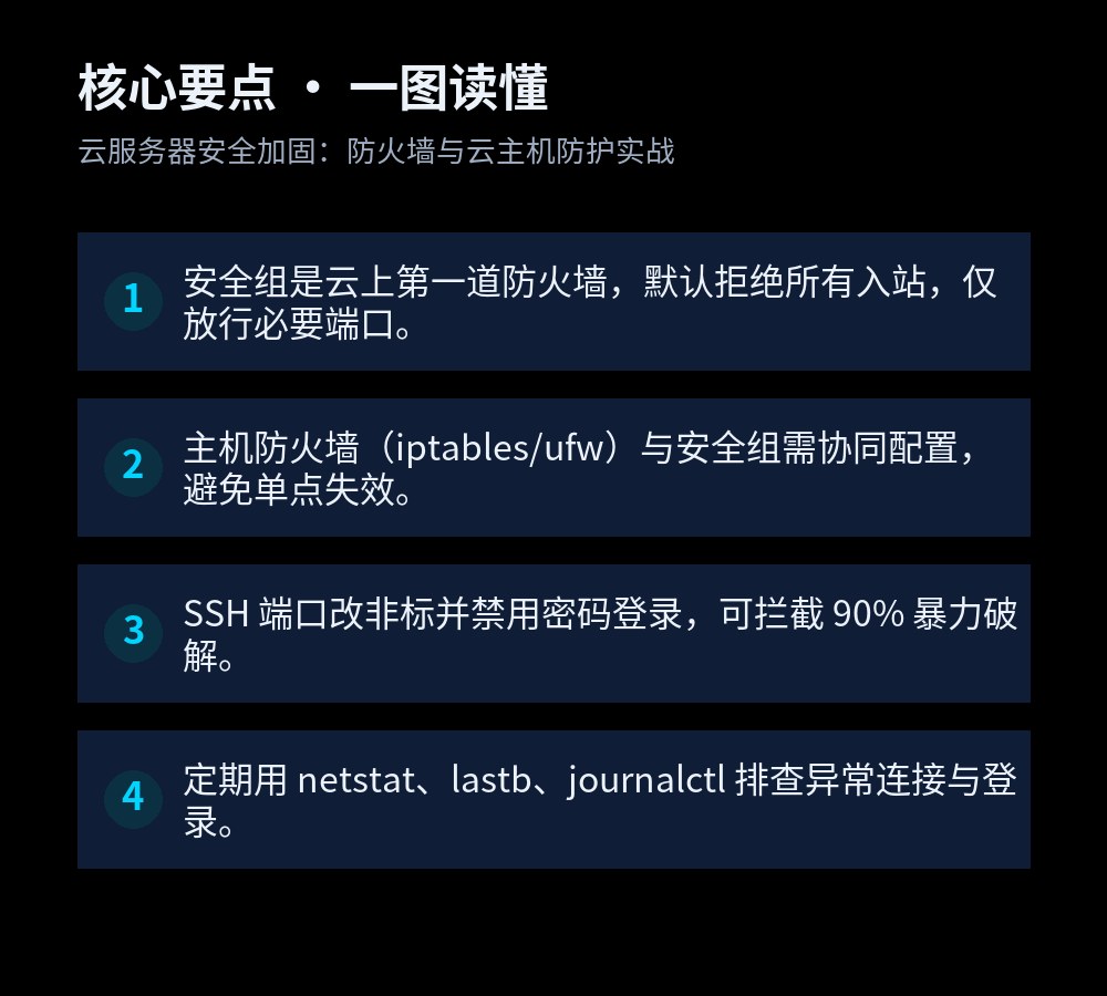 云服务器安全加固:防火墙与云主机防护实战 核心要点图解,安全组是云上第一道防火墙,默认拒绝所有入站,仅放行必要端口。;主机防火墙(iptables/ufw)与安全组需协同配置,避免单点失效。;SSH 端口改非标并禁用密码登录,可拦截 90% 暴力破解。;定期用 netstat、lastb、journalctl 排查异常连接与登录。